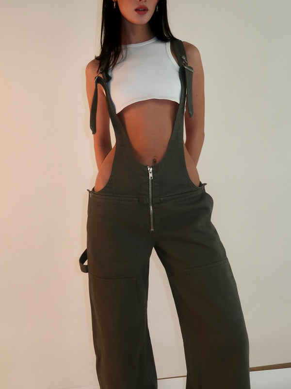 Patch Pocket Zipper Denim Overall Pants