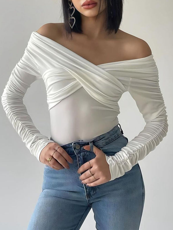 Plain Off Shoulder Rushed Sleeve Bodysuit