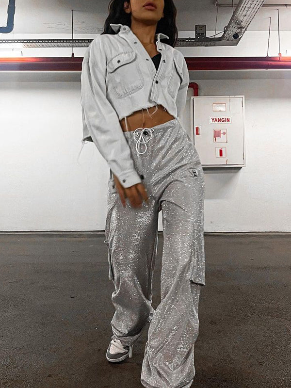 Plain Elastic Waist Glitter Sporty Pants