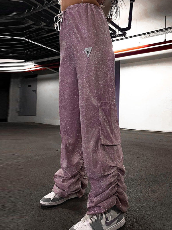 Plain Elastic Waist Glitter Sporty Pants