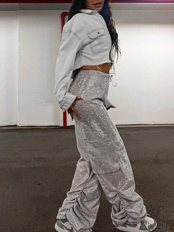 Plain Elastic Waist Glitter Sporty Pants