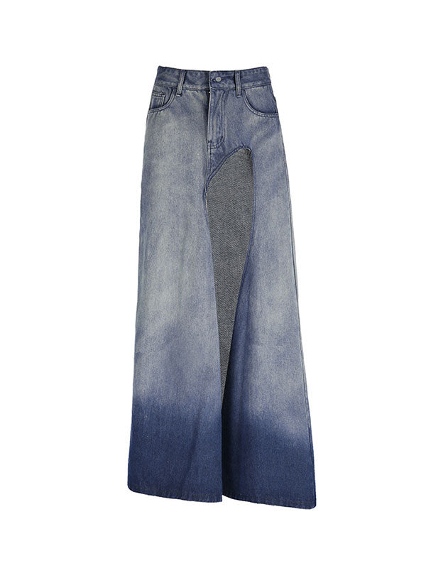 Asymmetric Hem High Slit Denim Maxi Skirt