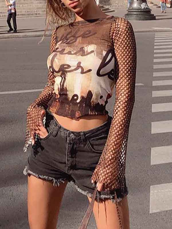 Hollow Out Mesh Patchwork Printed T-Shirt