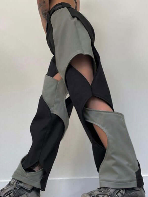 Color Block Cutout Hip Hop Pants-Ykiiy