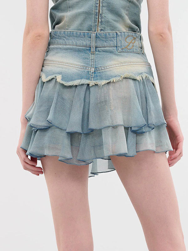 Chiffon Ruffled Patchwork Washed Denim Skirt