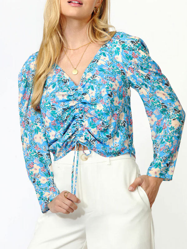 Ruched Front Floral Long Sleeve Blouse