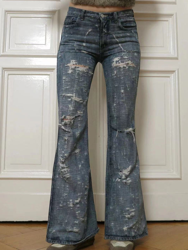 Low Waist Broken Holes Flared Jeans