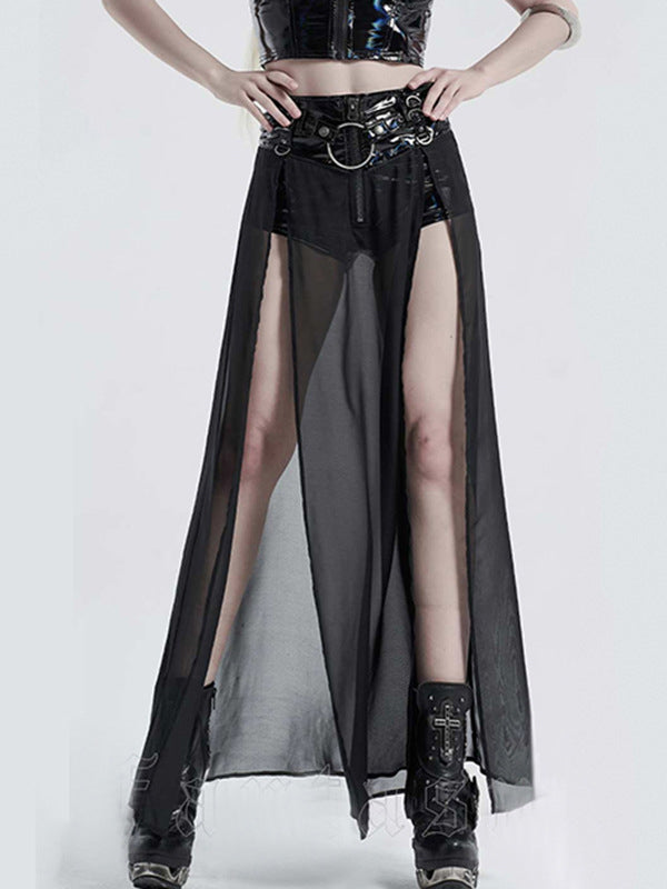 Patchwork See Through High Slit Skirt