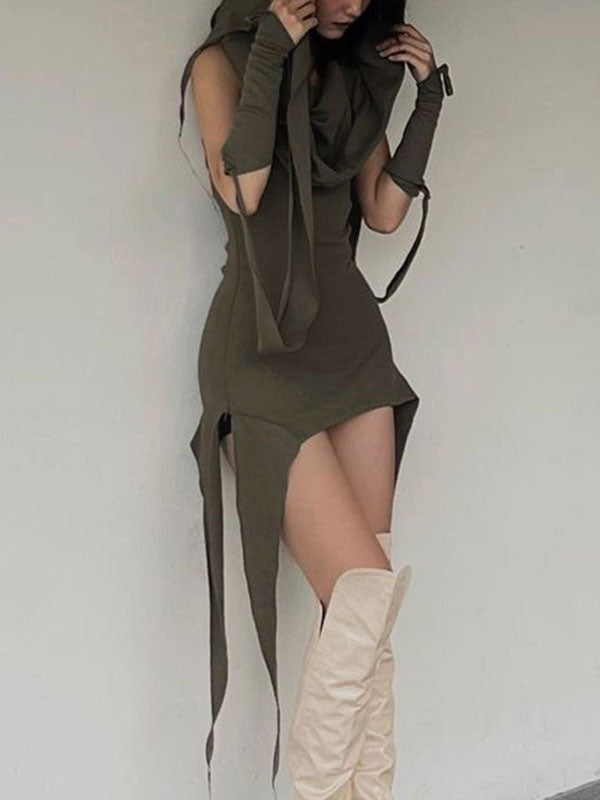 Hooded Collar Asymmetric Hem Dress