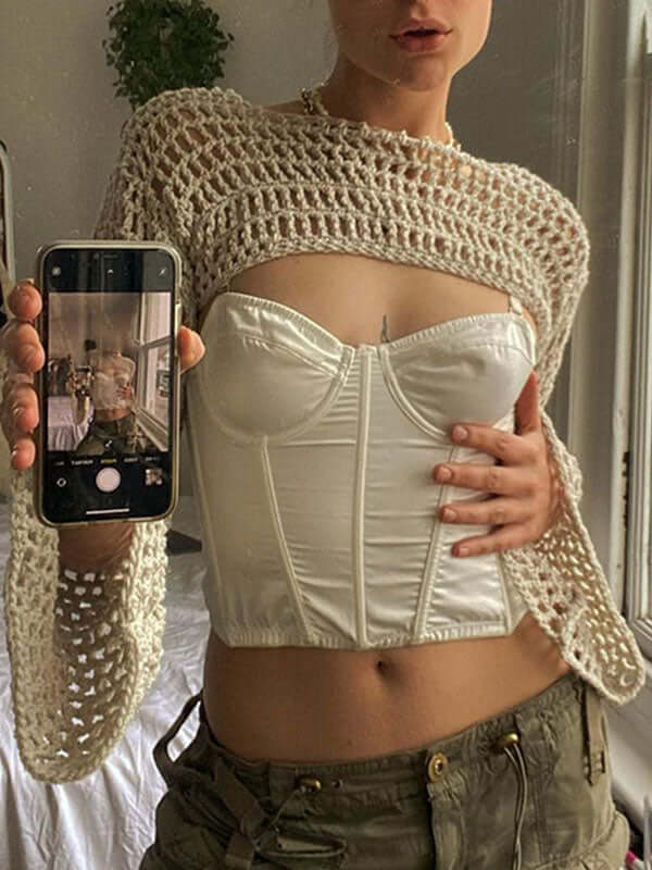 Stylish Long Sleeve Crochet Bolero Knit Top-Ykiiy