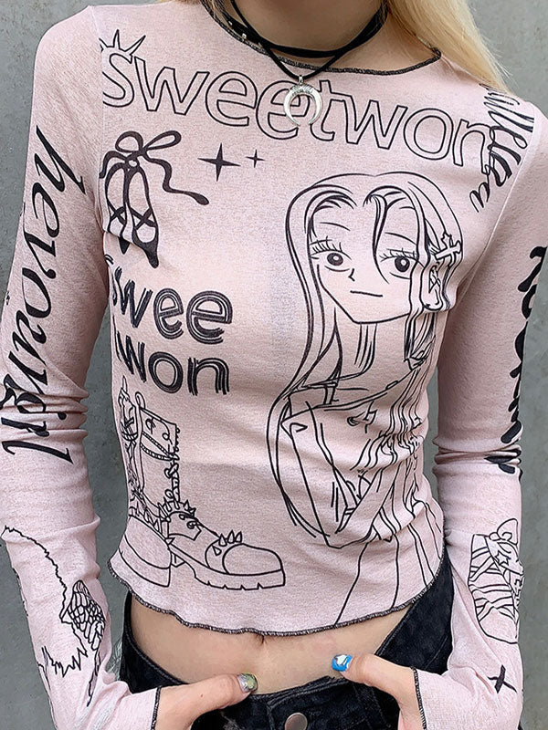 Cartoon Printed Contrast Trim Long Sleeve T-Shirt