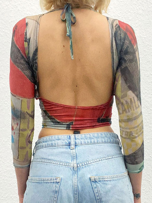 Abstract Print Mesh Backless T-Shirt