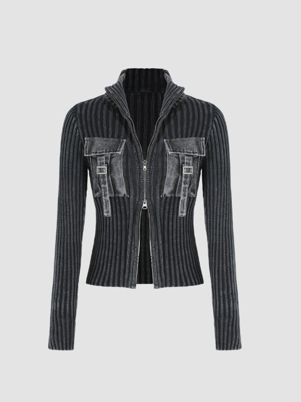 High Neck Flap Pocket Zipper Cardigan