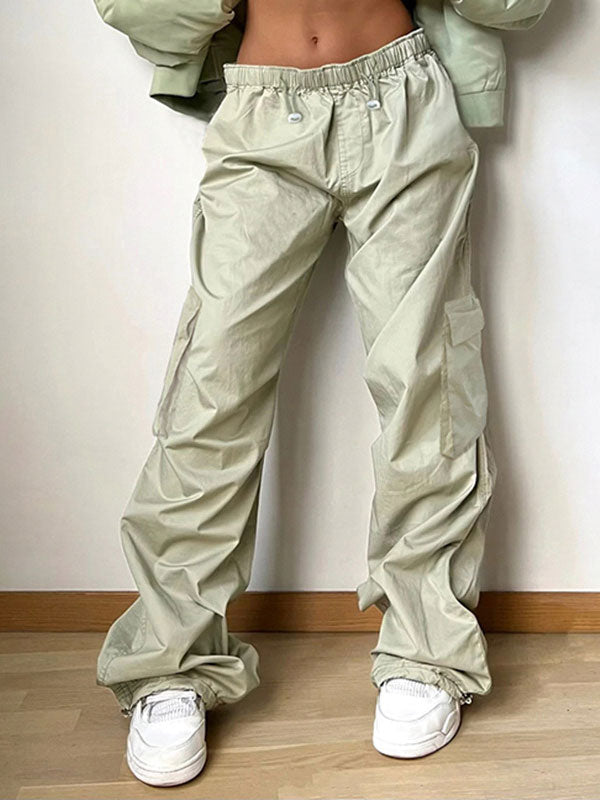 Solid Elastic Waist Drawstring Pants