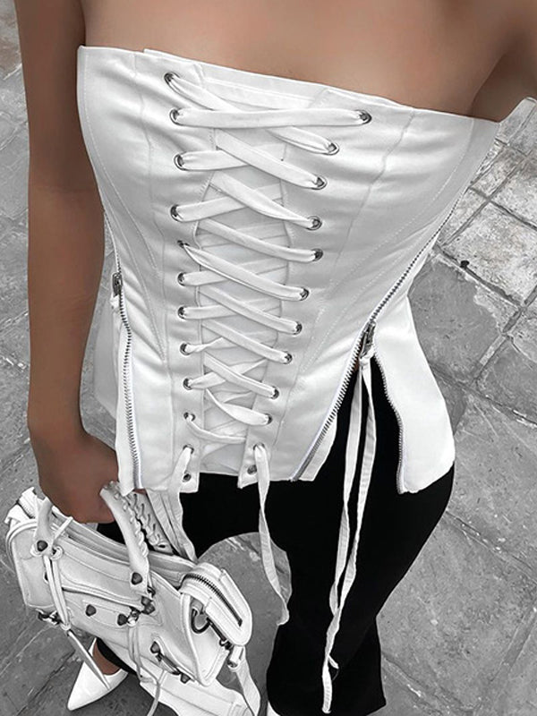 Zipper Patchwork Lace Up Tube Top