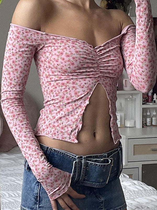 Off Shoulder Floral Print Slit T-Shirt