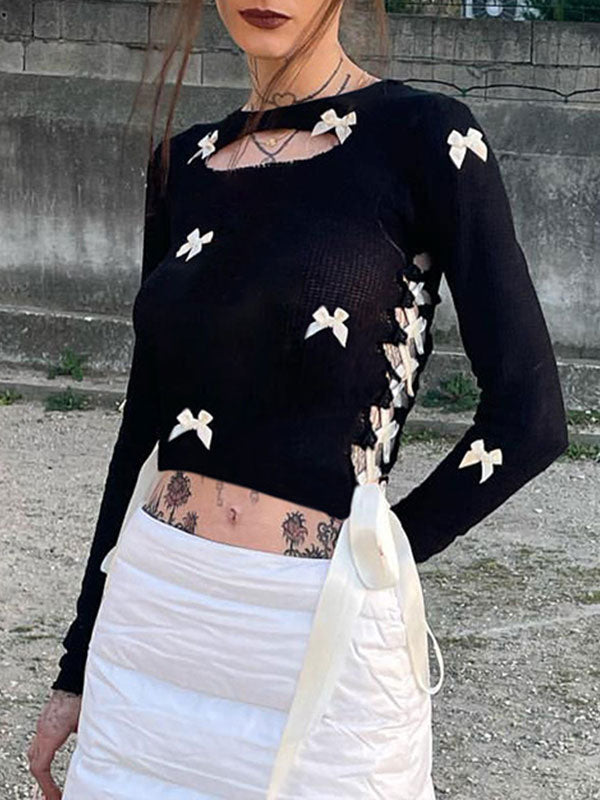 Bow Patchwork Lace Up T-Shirt