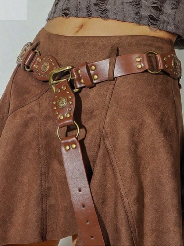 Cutout Ring Leather-Panel Belt