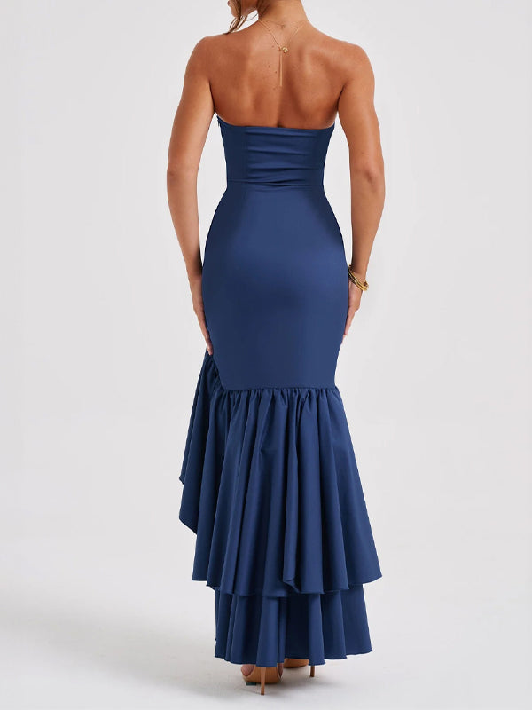 Asymmetric Hem Strapless Maxi Dress