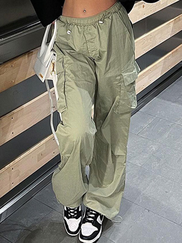 Solid Elastic Waist Drawstring Pants