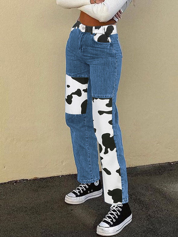 Zipper Cow Pattern Patchwork Jeans