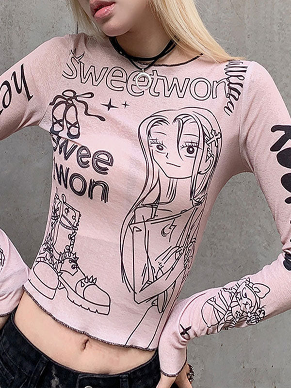 Cartoon Printed Contrast Trim Long Sleeve T-Shirt