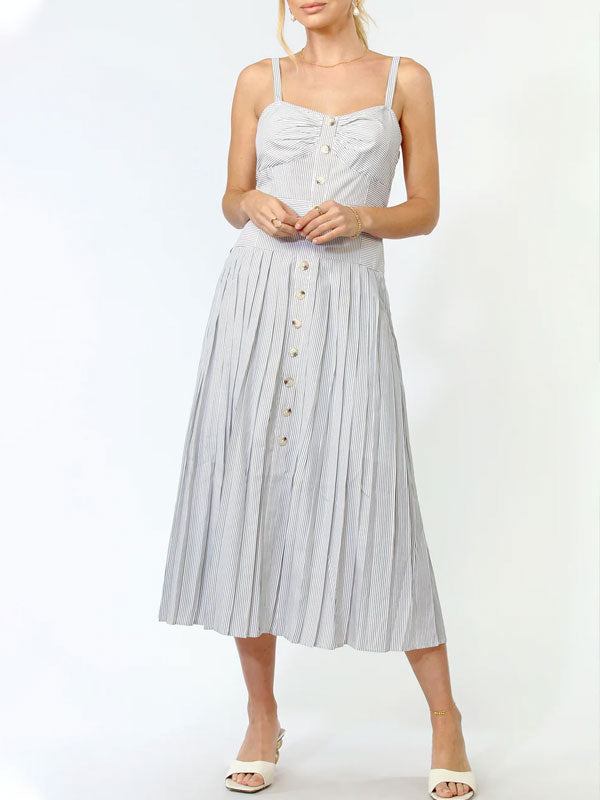 Adjustable Straps Pinstripe Pleated Midi Dress