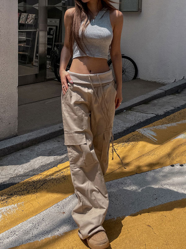 Solid High Waist Drawstring Pants