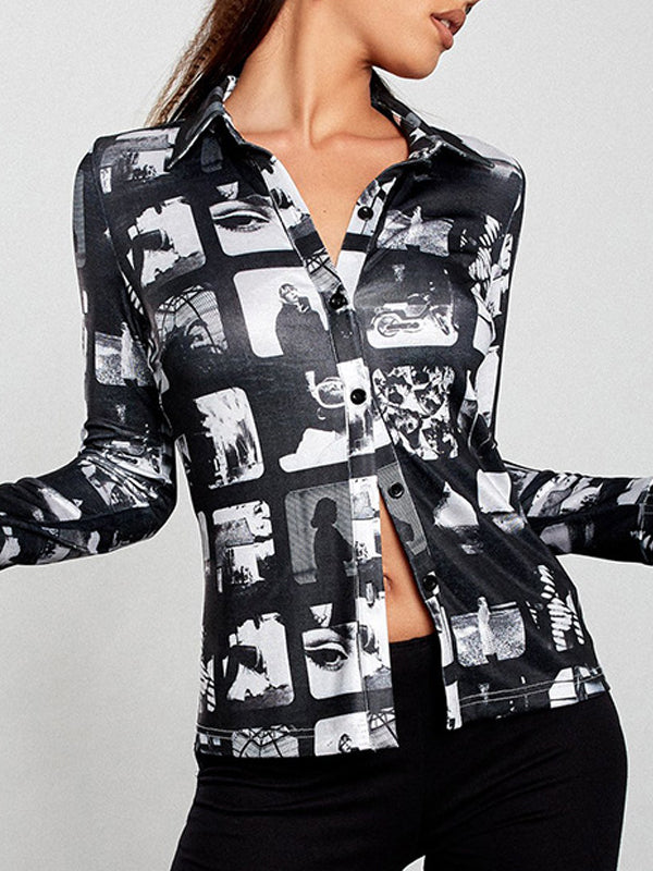 Lapel Abstract Printed Bell Sleeve Shirt