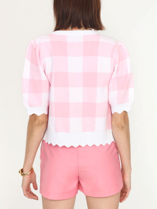 Front Button Gingham Scalloped Knit Cardigan