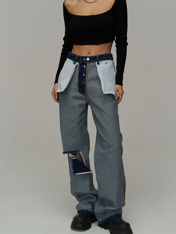 Broken Holes Patchwork Jeans