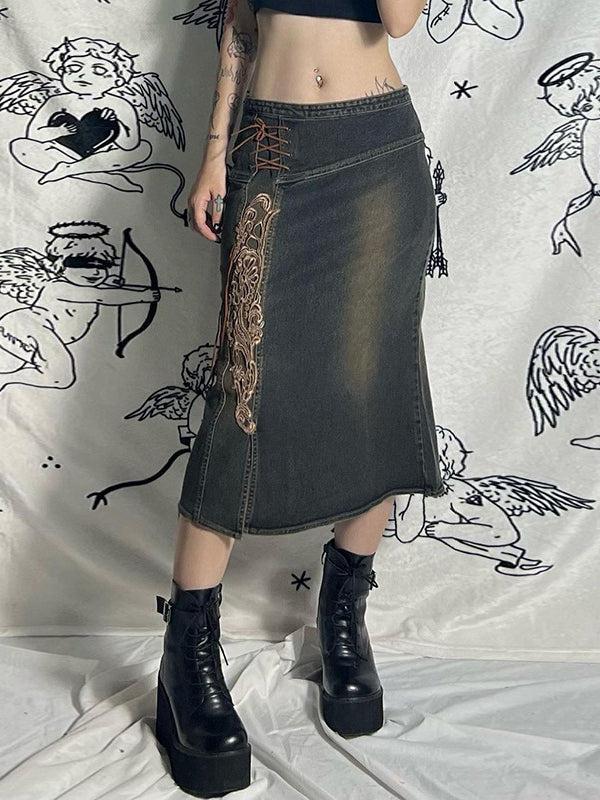 Slit Lace Up Embroidered Denim Skirt