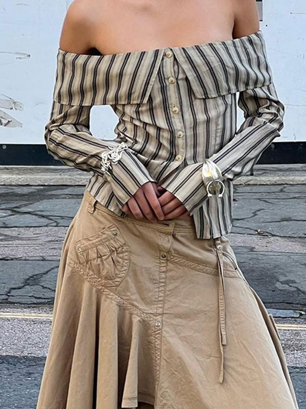 Vertical Striped Off Shoulder Shirt