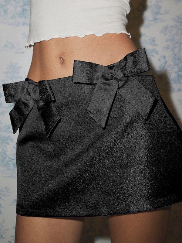 Vintage Plain Zipper Bow Skirt