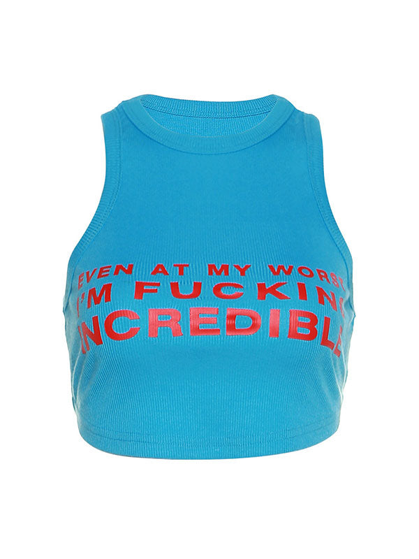 Letters Prints Crew Neck Cropped Tank Top