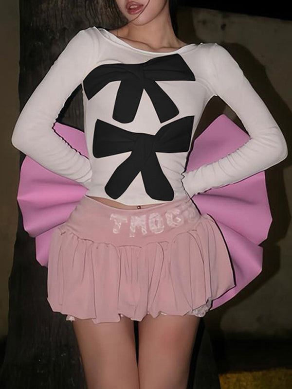 Round Neck Bow Color Block T-Shirt