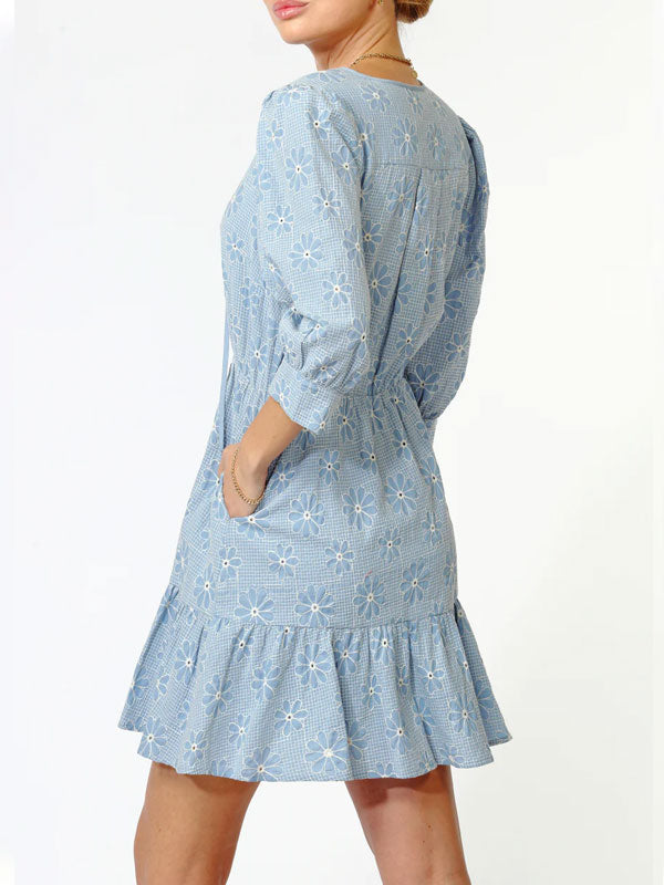 Daisy Embroidered Popover Chambray Mini Dress