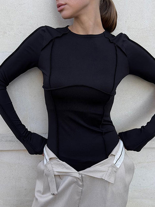 Round Neck Solid Patchwork Bodysuit