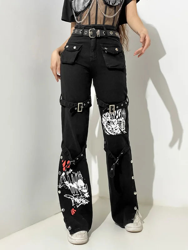 Street Printed Belt High Rise Washed Jeans