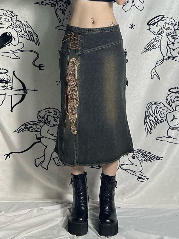 Slit Lace Up Embroidered Denim Skirt