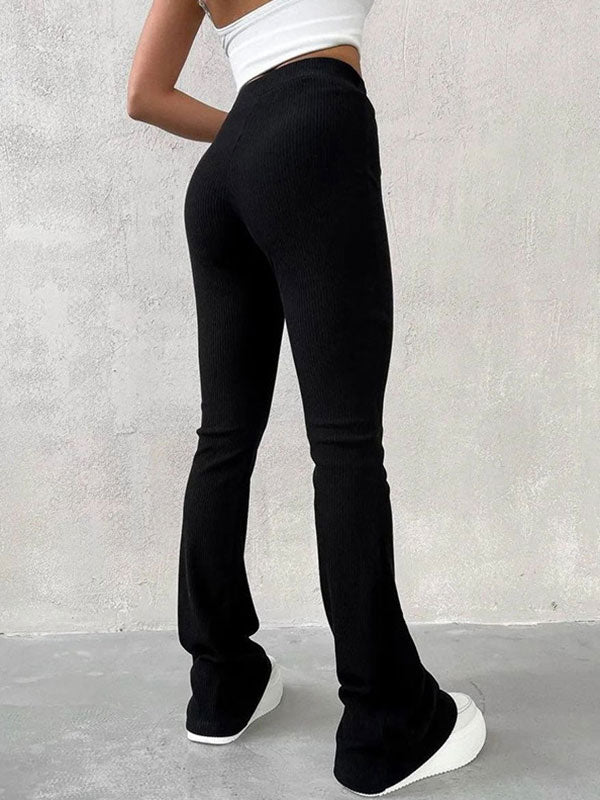 Street Flared Elastic Waist Solid Pants