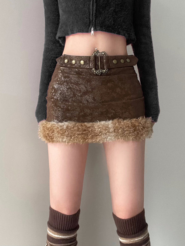 Patchwork Decorative Hardware PU Skirt