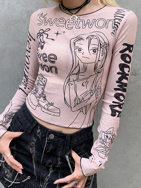 Cartoon Printed Contrast Trim Long Sleeve T-Shirt