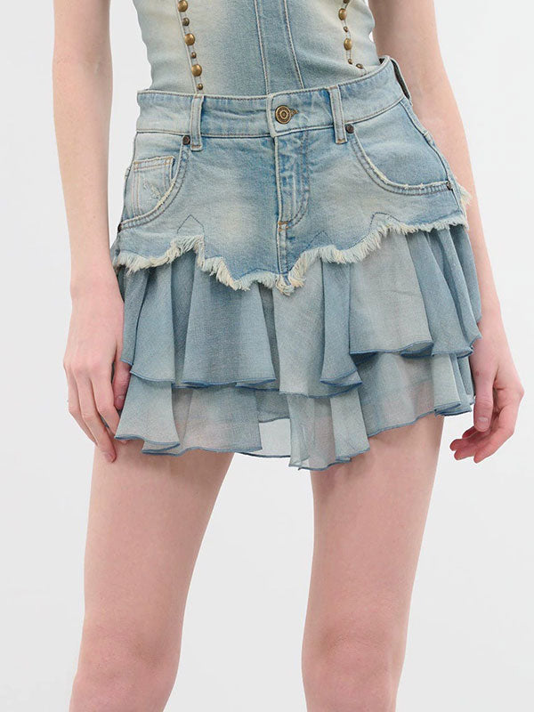 Chiffon Ruffled Patchwork Washed Denim Skirt