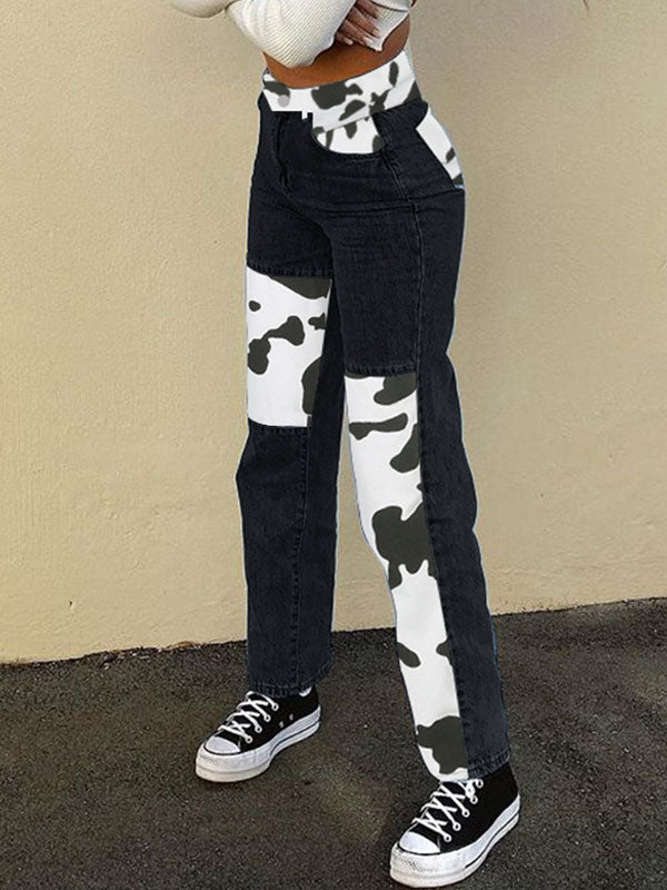 Zipper Cow Pattern Patchwork Jeans