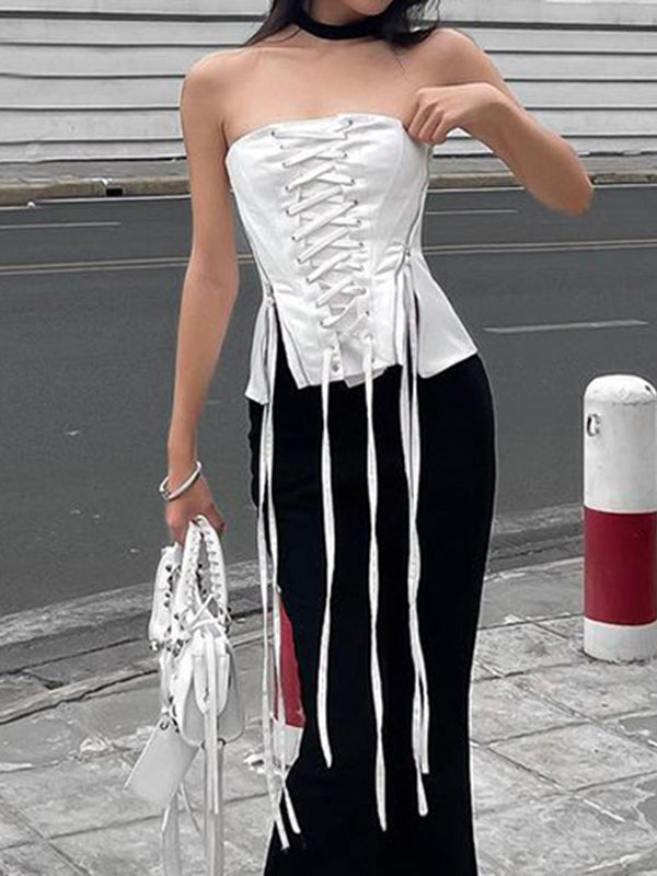 Zipper Patchwork Lace Up Tube Top