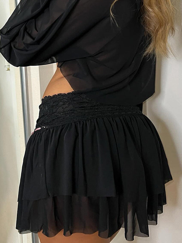 Y2K Patchwork Lace Up Mesh Skirt