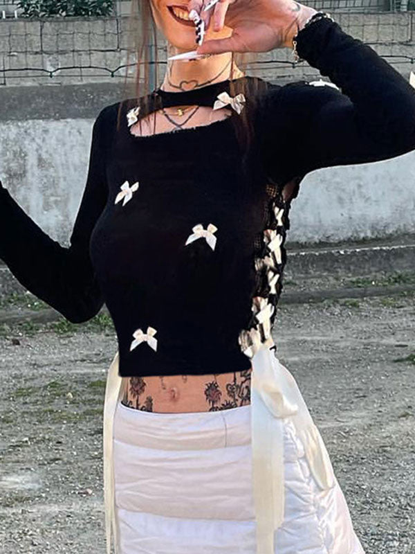 Bow Patchwork Lace Up T-Shirt