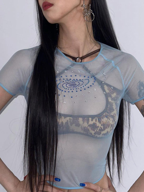 See Through Exposed Navel Diamante T-Shirt