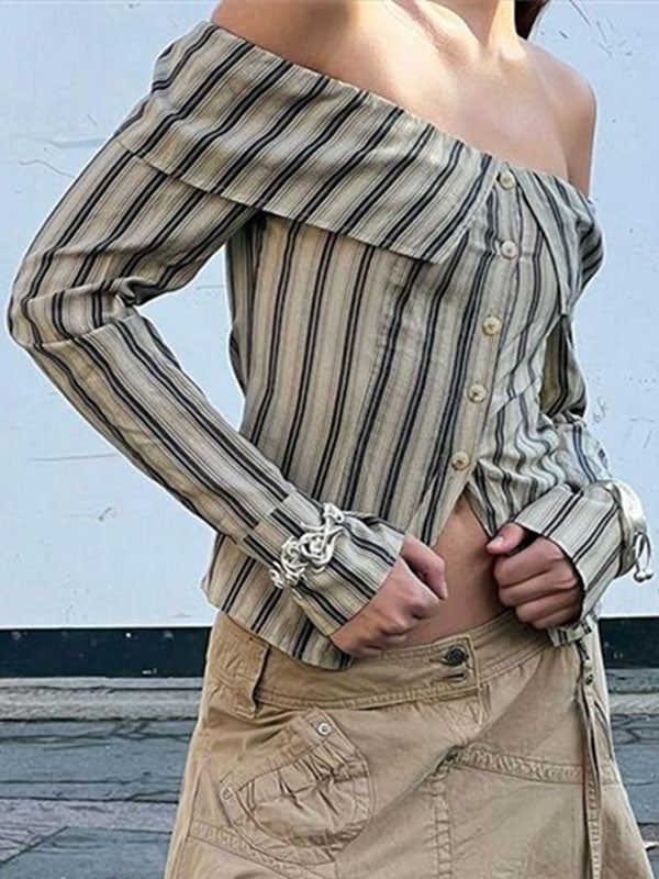 Vertical Striped Off Shoulder Shirt